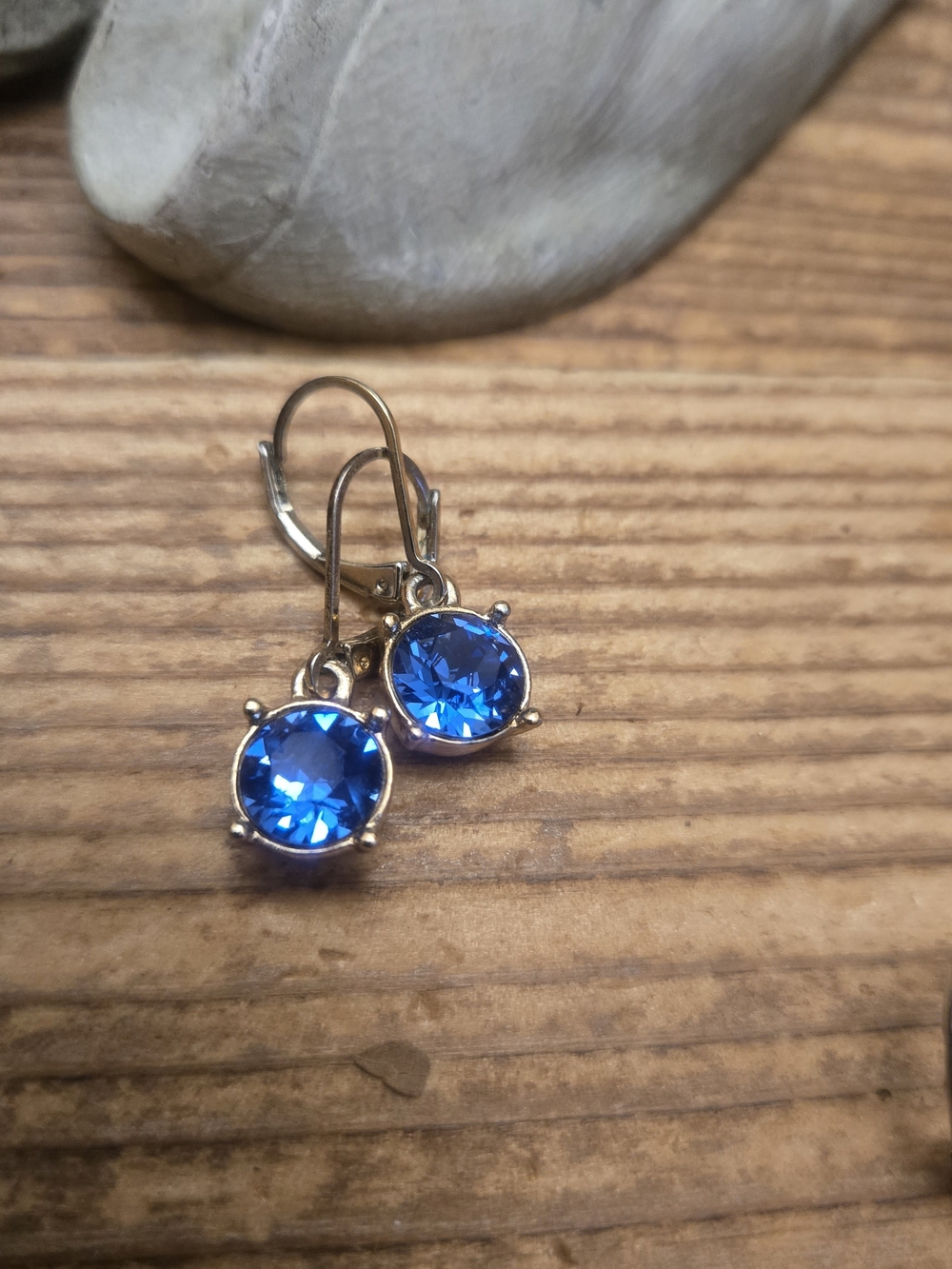 Blue Crystal Drop Earrings in Silver Tone